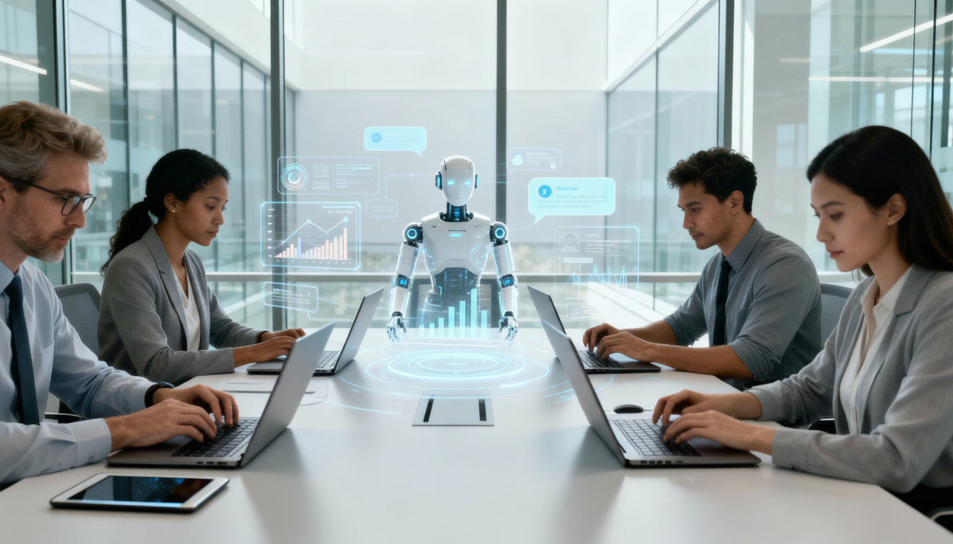 AITraining Corporate team using AI-powered negotiation tools with data overlays in a glass-walled conference room.