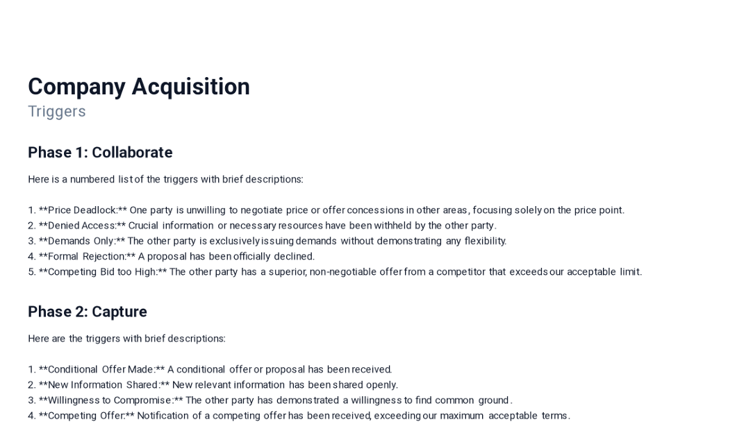 Triggers graphic listing phase‑specific triggers for a company acquisition scenario.