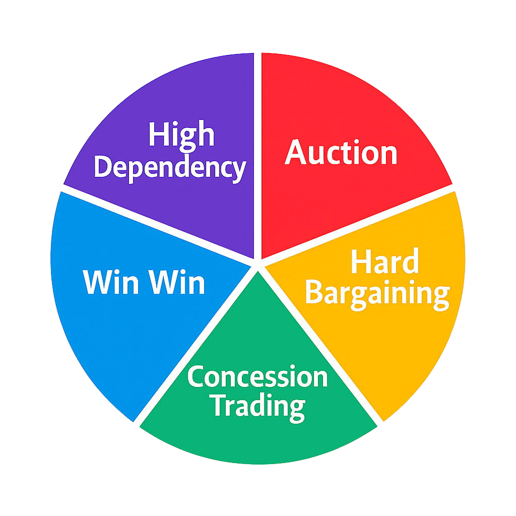 Circular diagram showing five negotiation styles: Auction, Hard Bargaining, Concession Trading, Win Win, and High Dependency arranged clockwise in purple, red, yellow, blue, and green segments