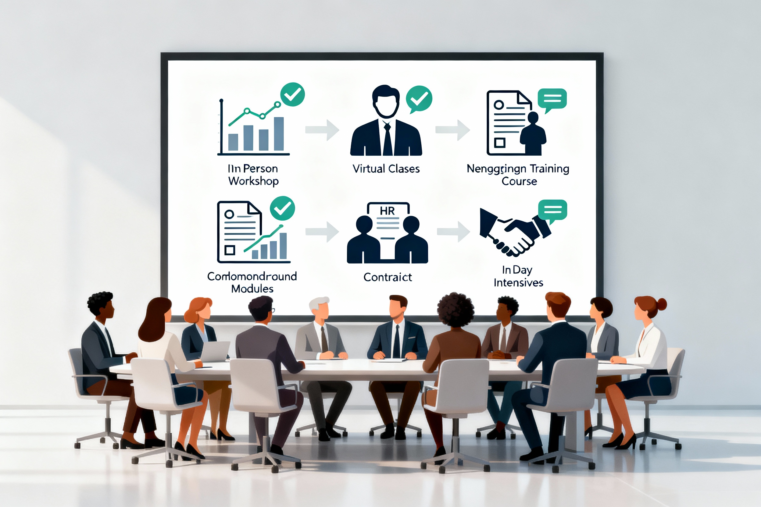 Negotiation Courses for Corporate Leaders and HR – Expert‑Approved Training Illustration Diverse corporate leaders and HR professionals Illustration for a guide to nine expert‑approved negotiation courses for corporate leaders and HR professionals, showing a diverse team reviewing training options around a conference table with workshop, virtual, and online course icons.