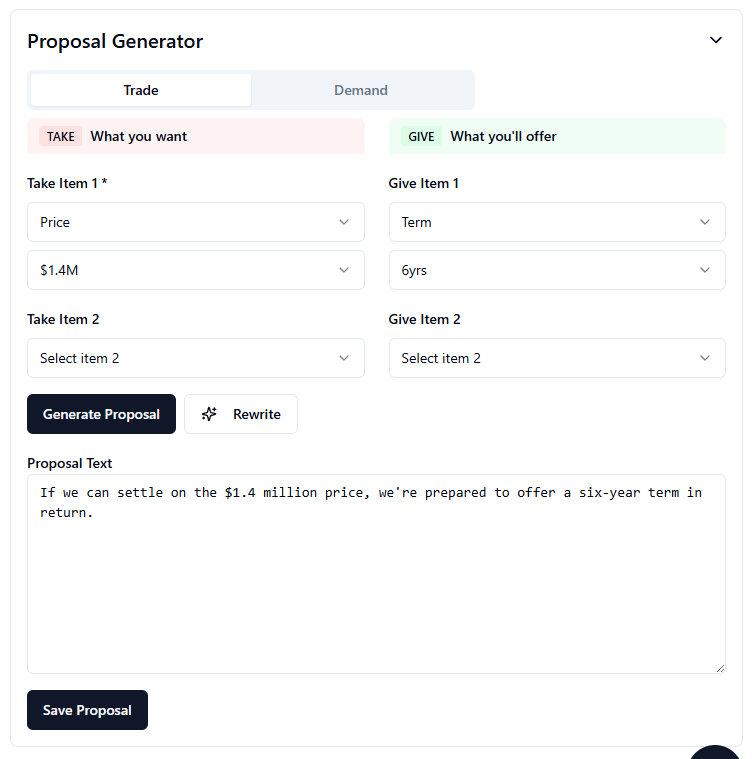 Proposal Generator in the Deal Maker app used for negotiation planning to create and rewrite offers or demands using structured trade inputs.